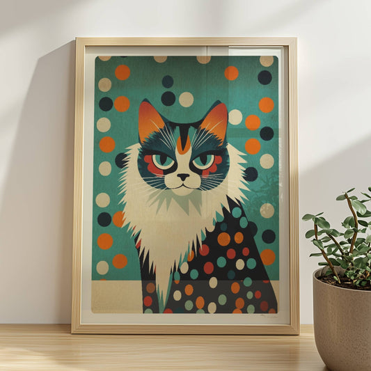 Schwarz-weiße Katze mit großem Pelzkragen – elegantes Katzenportrait.. Rahmen natur 30x40