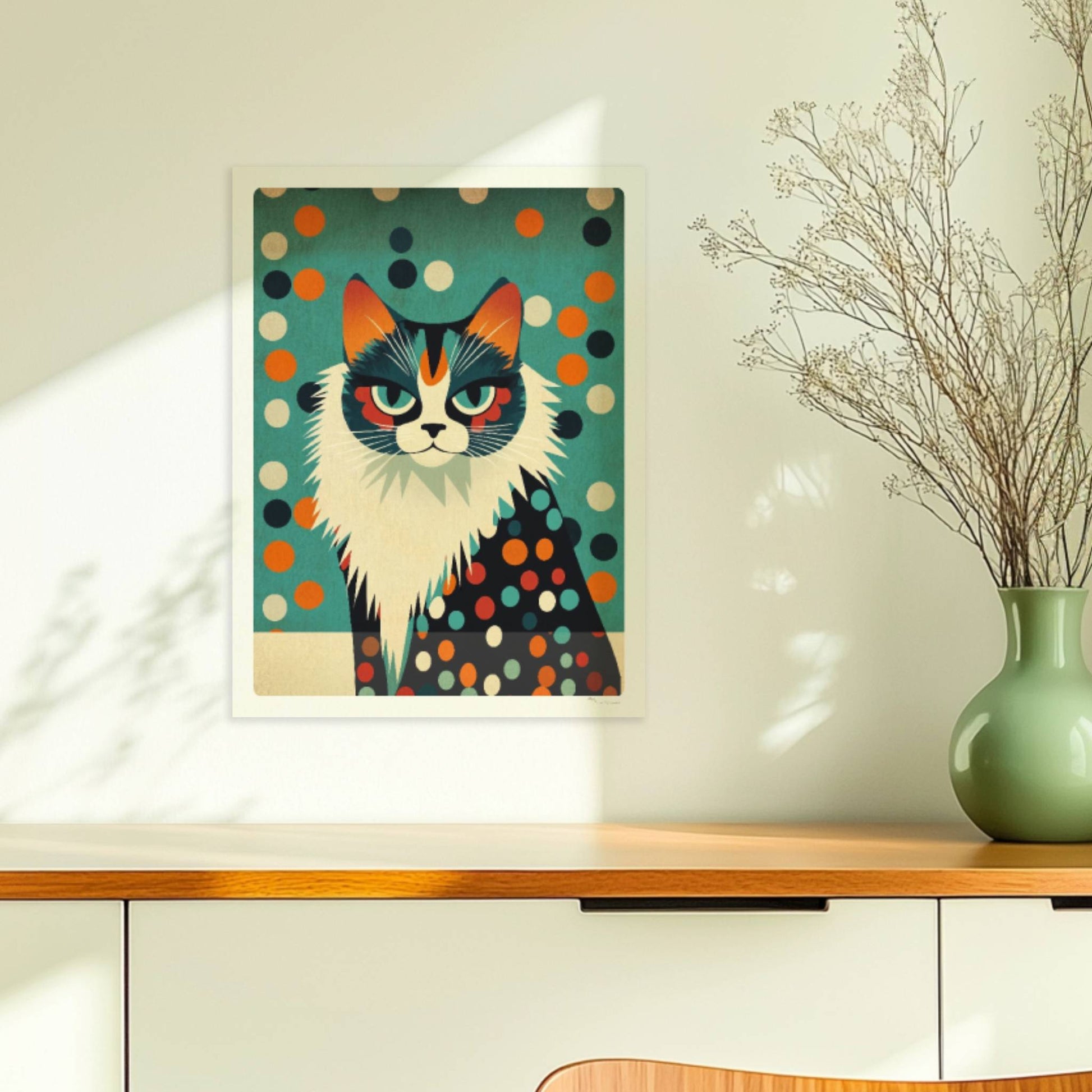 Schwarz-weiße Katze mit großem Pelzkragen – elegantes Katzenportrait.. Ohne Rahmen 30x40