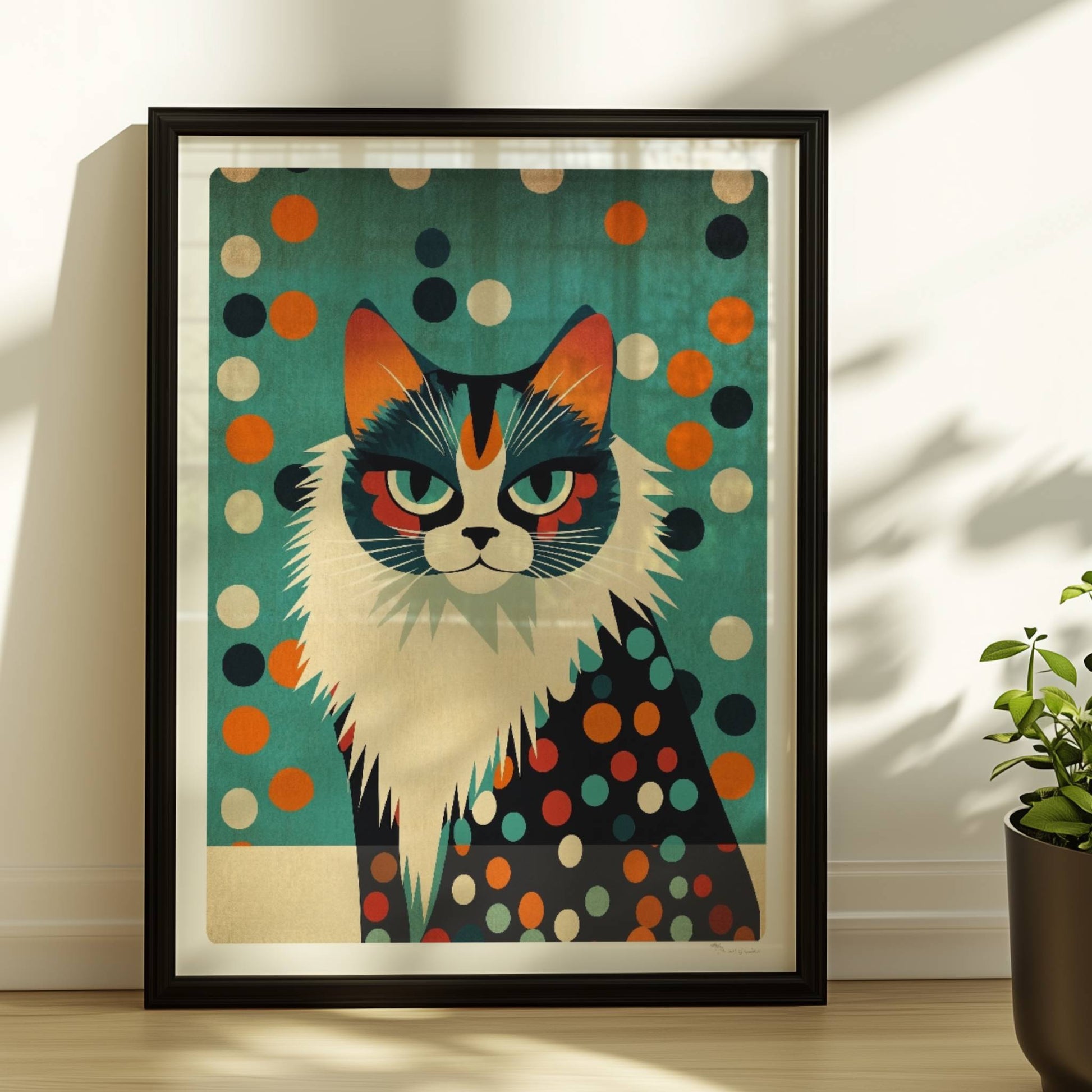 Schwarz-weiße Katze mit großem Pelzkragen – elegantes Katzenportrait.. Rahmen schwarz 30x40