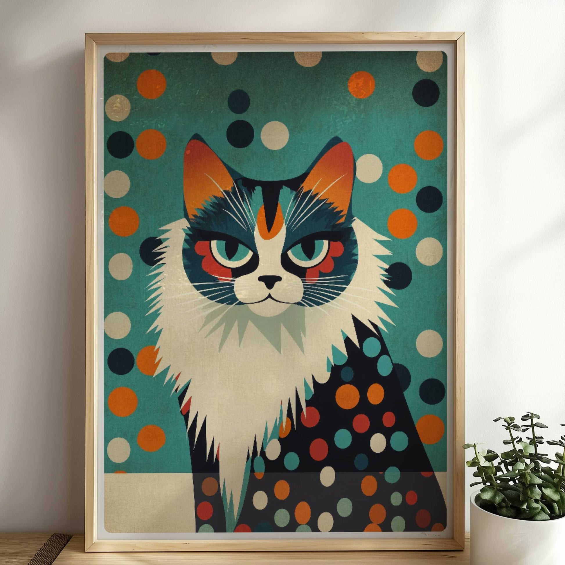 Schwarz-weiße Katze mit großem Pelzkragen – elegantes Katzenportrait.. Rahmen natur 50x70