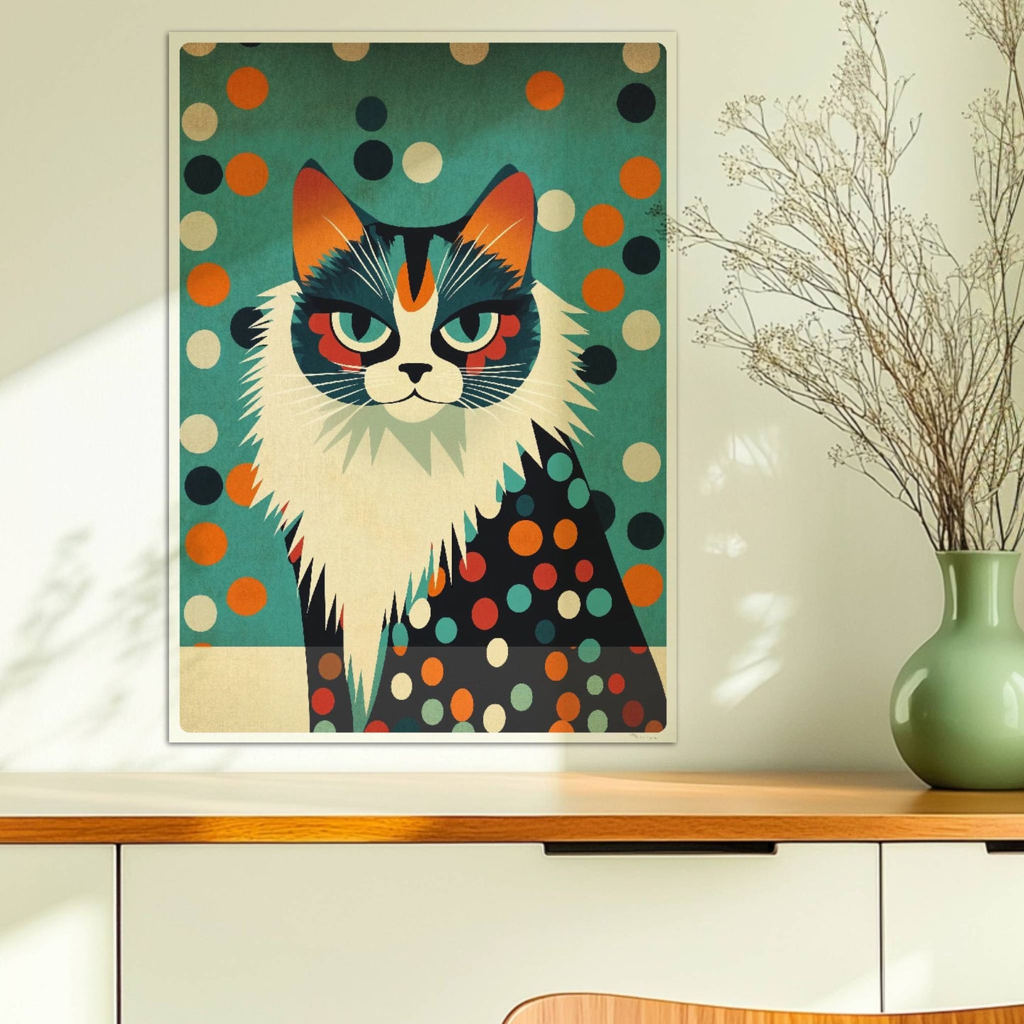 Schwarz-weiße Katze mit großem Pelzkragen – elegantes Katzenportrait.. Ohne Rahmen 50x70