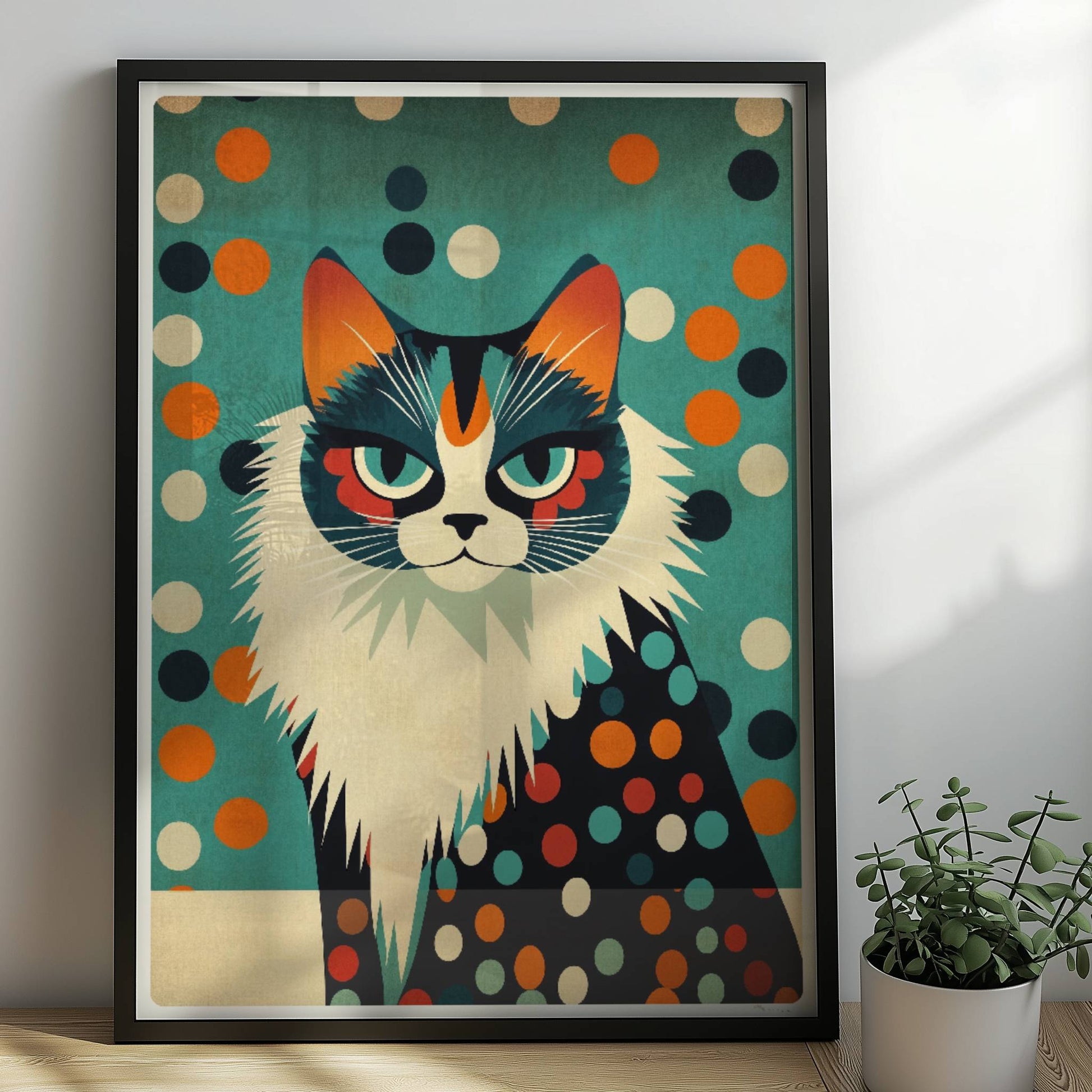 Schwarz-weiße Katze mit großem Pelzkragen – elegantes Katzenportrait.. Rahmen schwarz 50x70