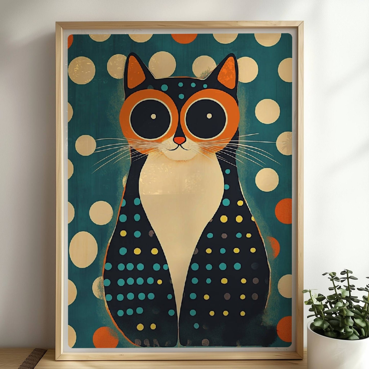 Katze mit Hypnose-Augen – faszinierendes Katzenmotiv.. Rahmen natur 50x70