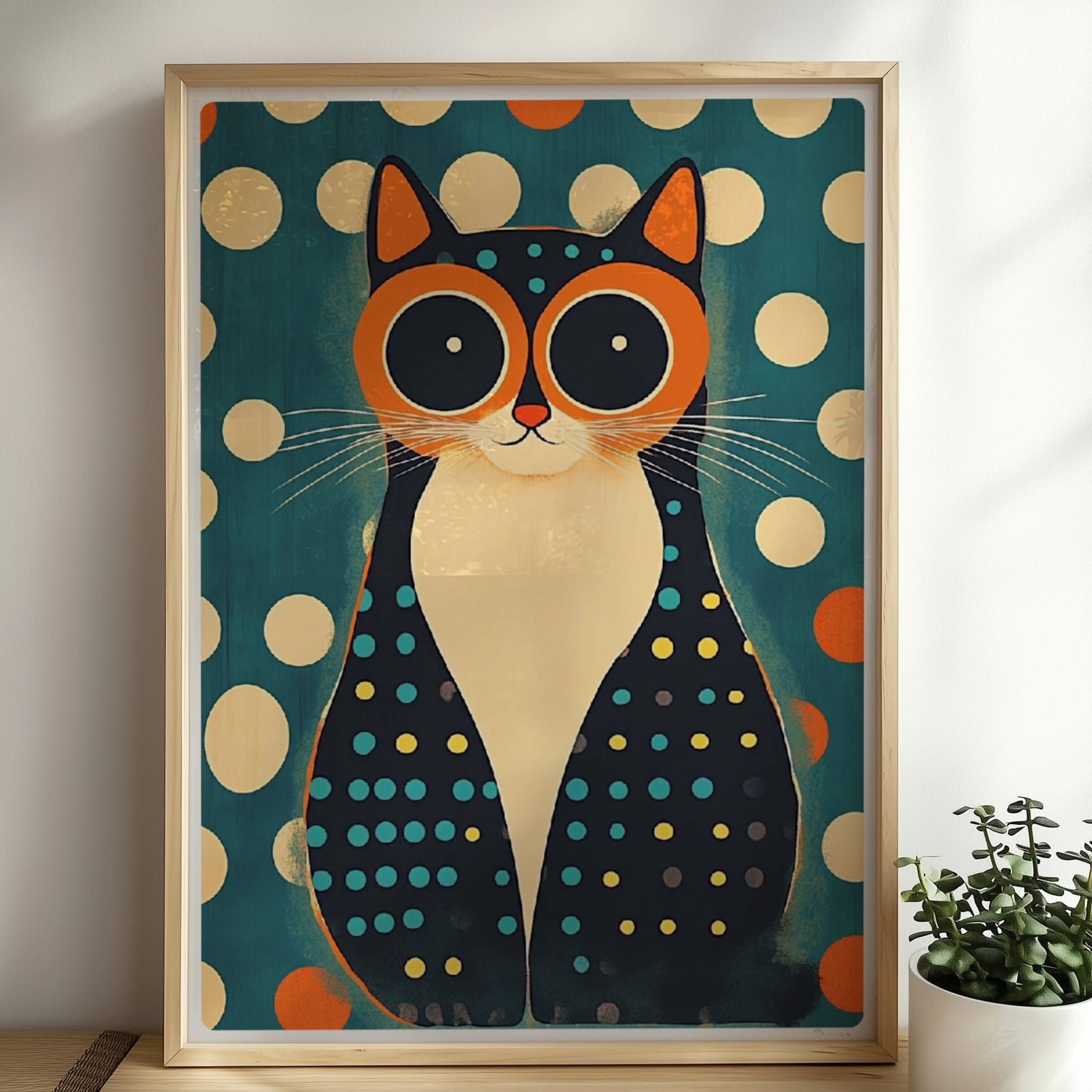 Katze mit Hypnose-Augen – faszinierendes Katzenmotiv.. Rahmen natur 50x70