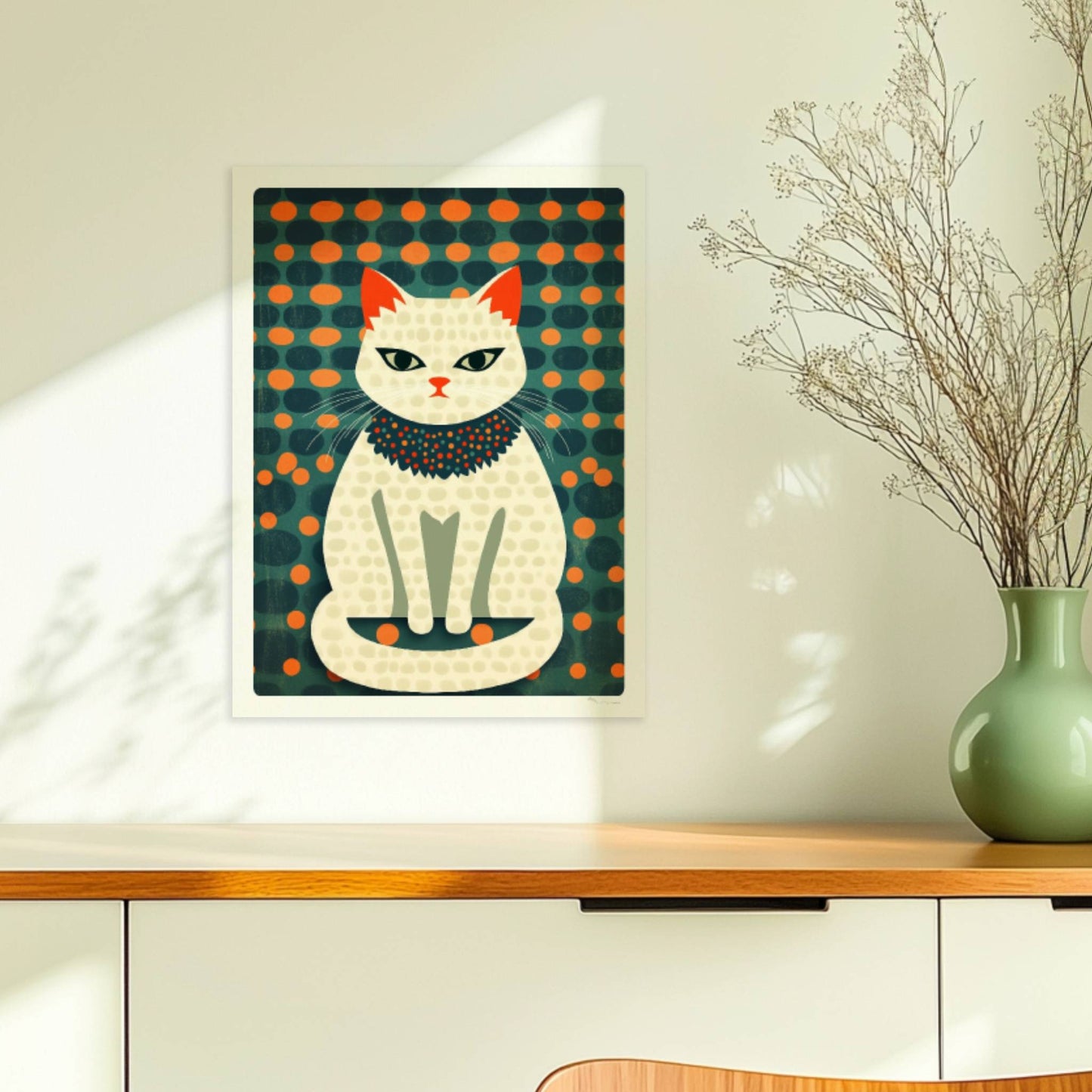 Fashionista-Katze mit Halsschmuck – stilvolle Katzenkunst.. Ohne Rahmen 30x40