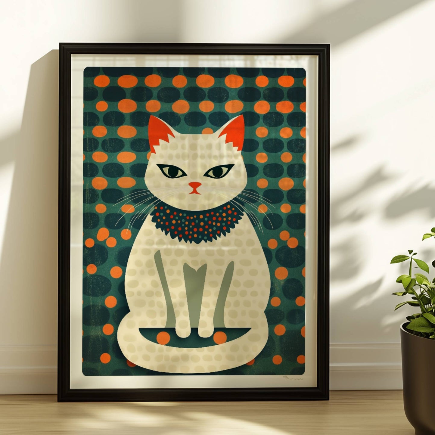 Fashionista-Katze mit Halsschmuck – stilvolle Katzenkunst.. Rahmen schwarz 30x40