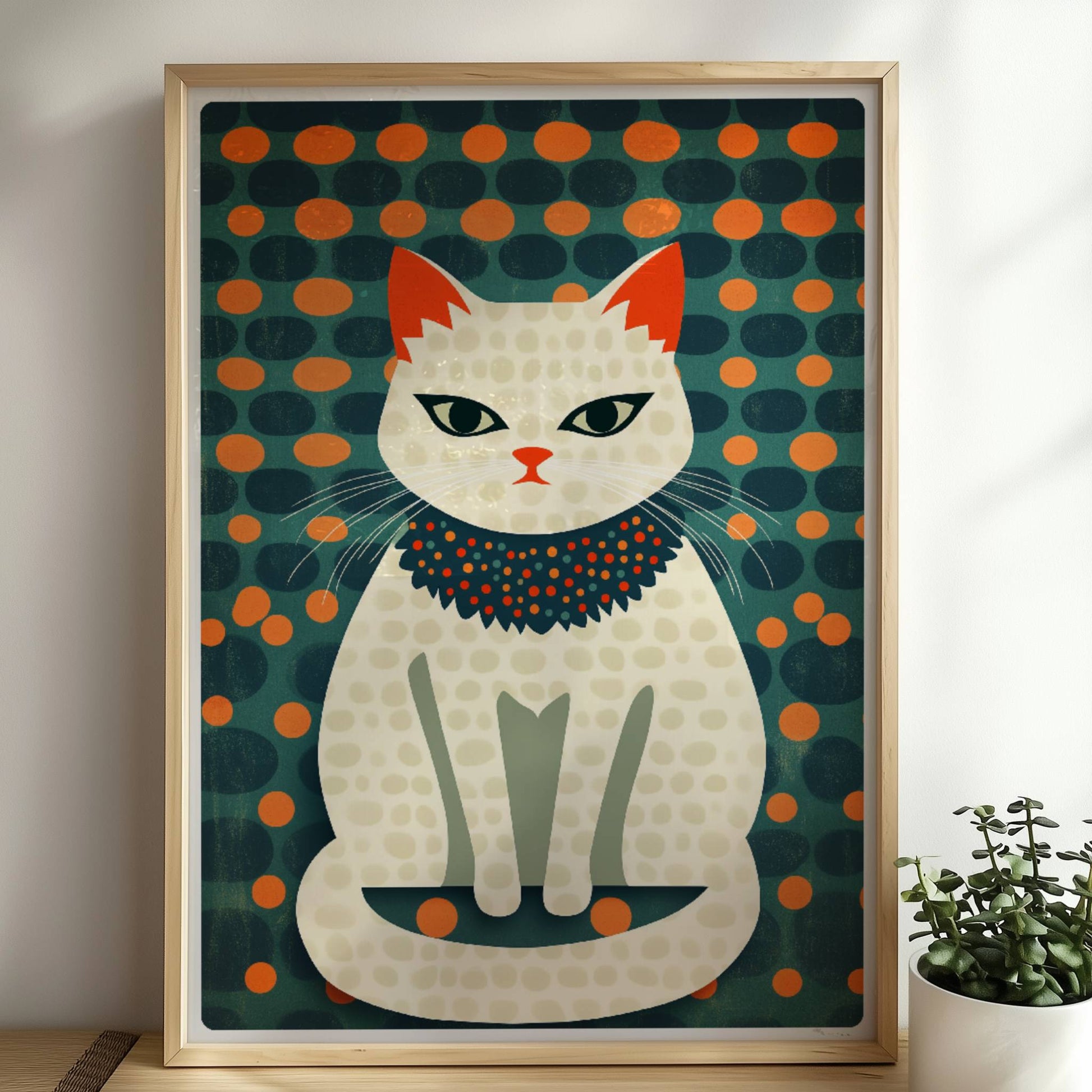 Fashionista-Katze mit Halsschmuck – stilvolle Katzenkunst.. Rahmen natur 50x70