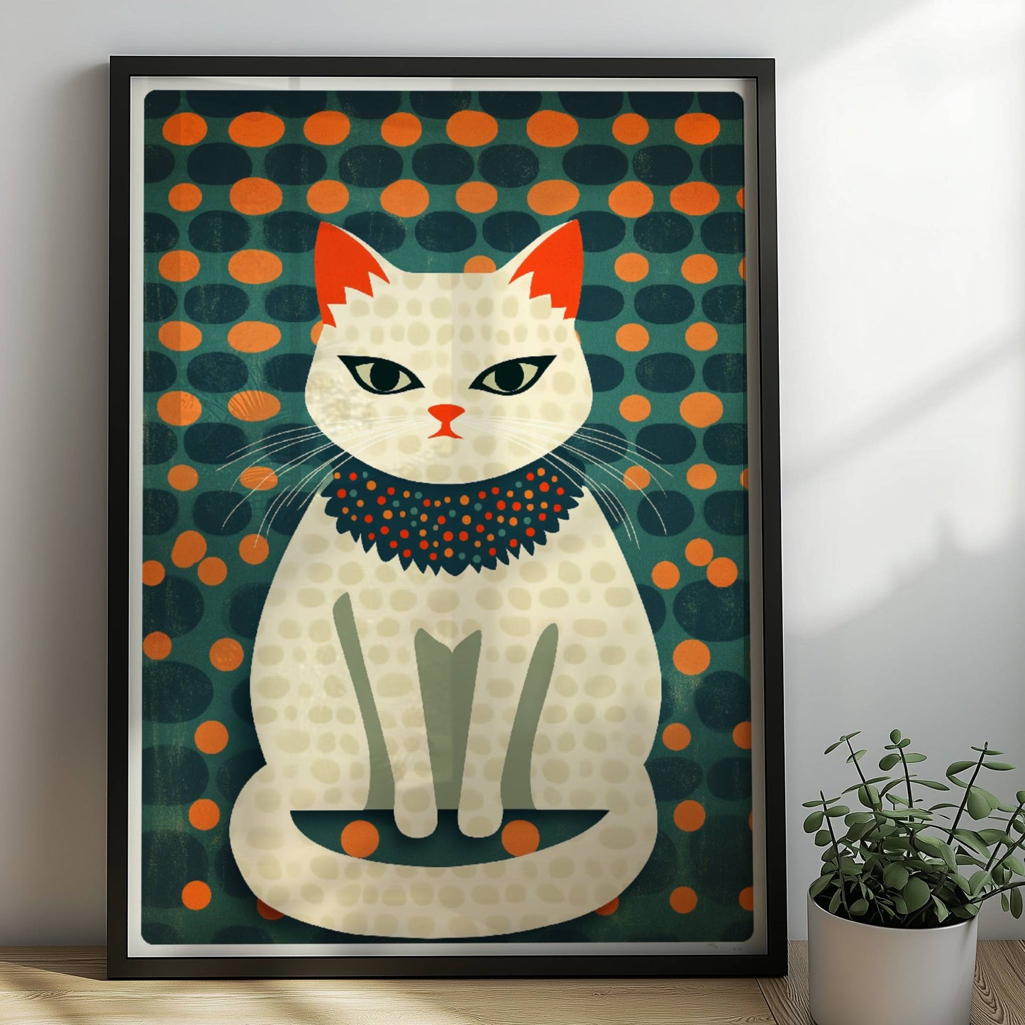 Fashionista-Katze mit Halsschmuck – stilvolle Katzenkunst.. Rahmen schwarz 50x70