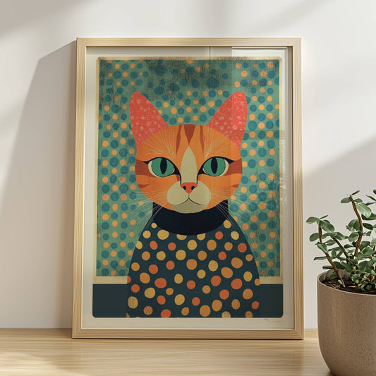 Rote Katze mit gepunktetem Pullover, bunte Illustration mit aufmerksamem Blick.. Rahmen natur 30x40