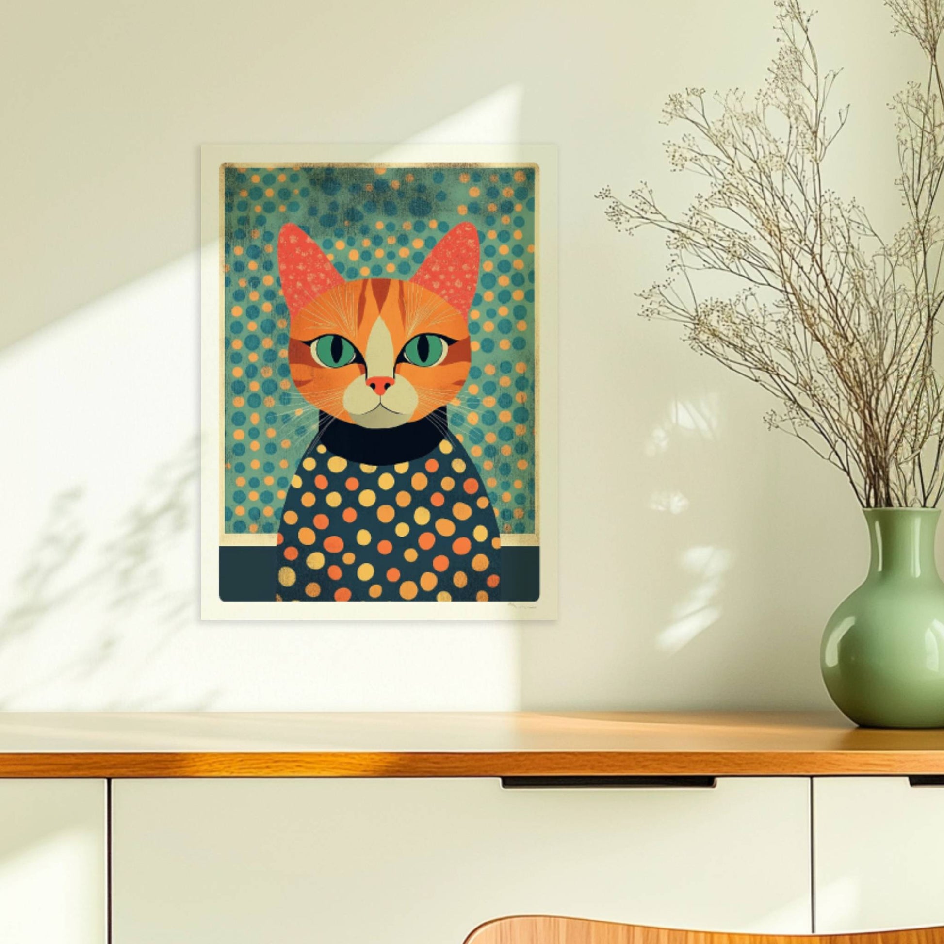 Rote Katze mit gepunktetem Pullover, bunte Illustration mit aufmerksamem Blick.. Ohne Rahmen 30x40