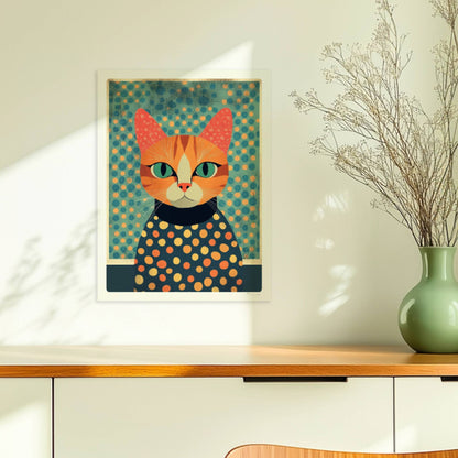 Rote Katze mit gepunktetem Pullover, bunte Illustration mit aufmerksamem Blick.. Ohne Rahmen 30x40