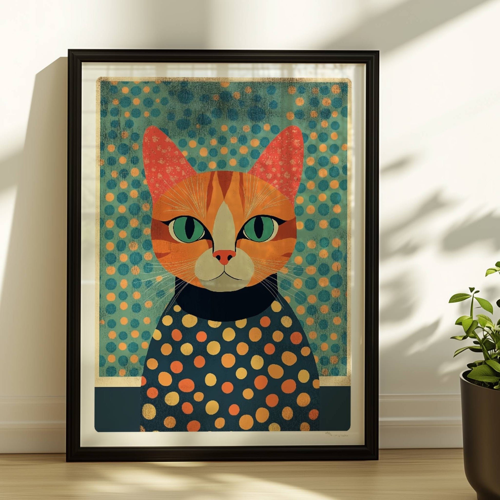 Rote Katze mit gepunktetem Pullover, bunte Illustration mit aufmerksamem Blick.. Rahmen schwarz 30x40