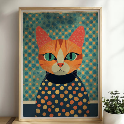 Rote Katze mit gepunktetem Pullover, bunte Illustration mit aufmerksamem Blick.. Rahmen natur 50x70