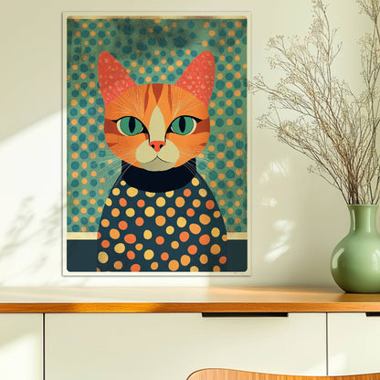 Rote Katze mit gepunktetem Pullover, bunte Illustration mit aufmerksamem Blick.. Ohne Rahmen 50x70