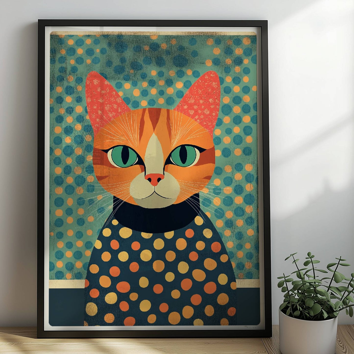 Rote Katze mit gepunktetem Pullover, bunte Illustration mit aufmerksamem Blick.. Rahmen schwarz 50x70