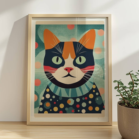 Bunte Katze mit aufmerksamem Blick und lebendigem Farbmuster, farbenfrohe Illustration.. Rahmen natur 30x40