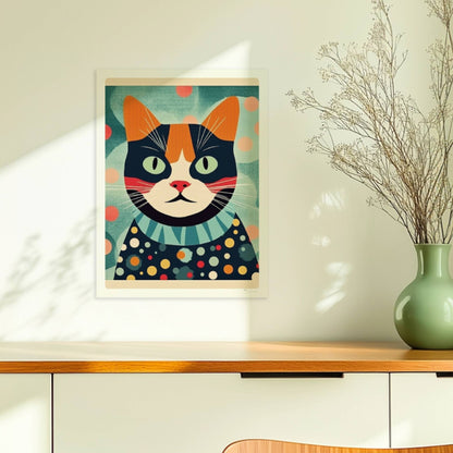 Bunte Katze mit aufmerksamem Blick und lebendigem Farbmuster, farbenfrohe Illustration.. Ohne Rahmen 30x40