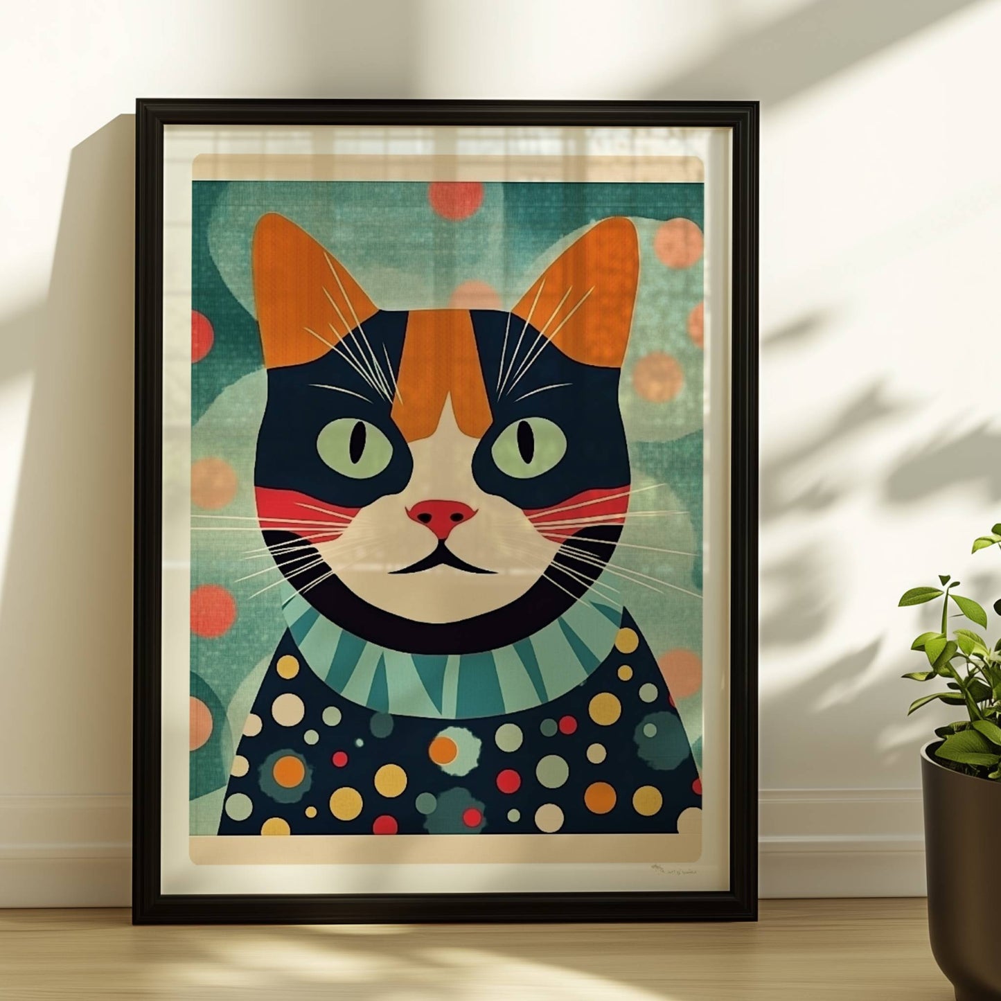 Bunte Katze mit aufmerksamem Blick und lebendigem Farbmuster, farbenfrohe Illustration.. Rahmen schwarz 30x40