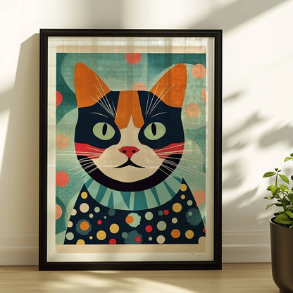 Bunte Katze mit aufmerksamem Blick und lebendigem Farbmuster, farbenfrohe Illustration.. Rahmen schwarz 30x40