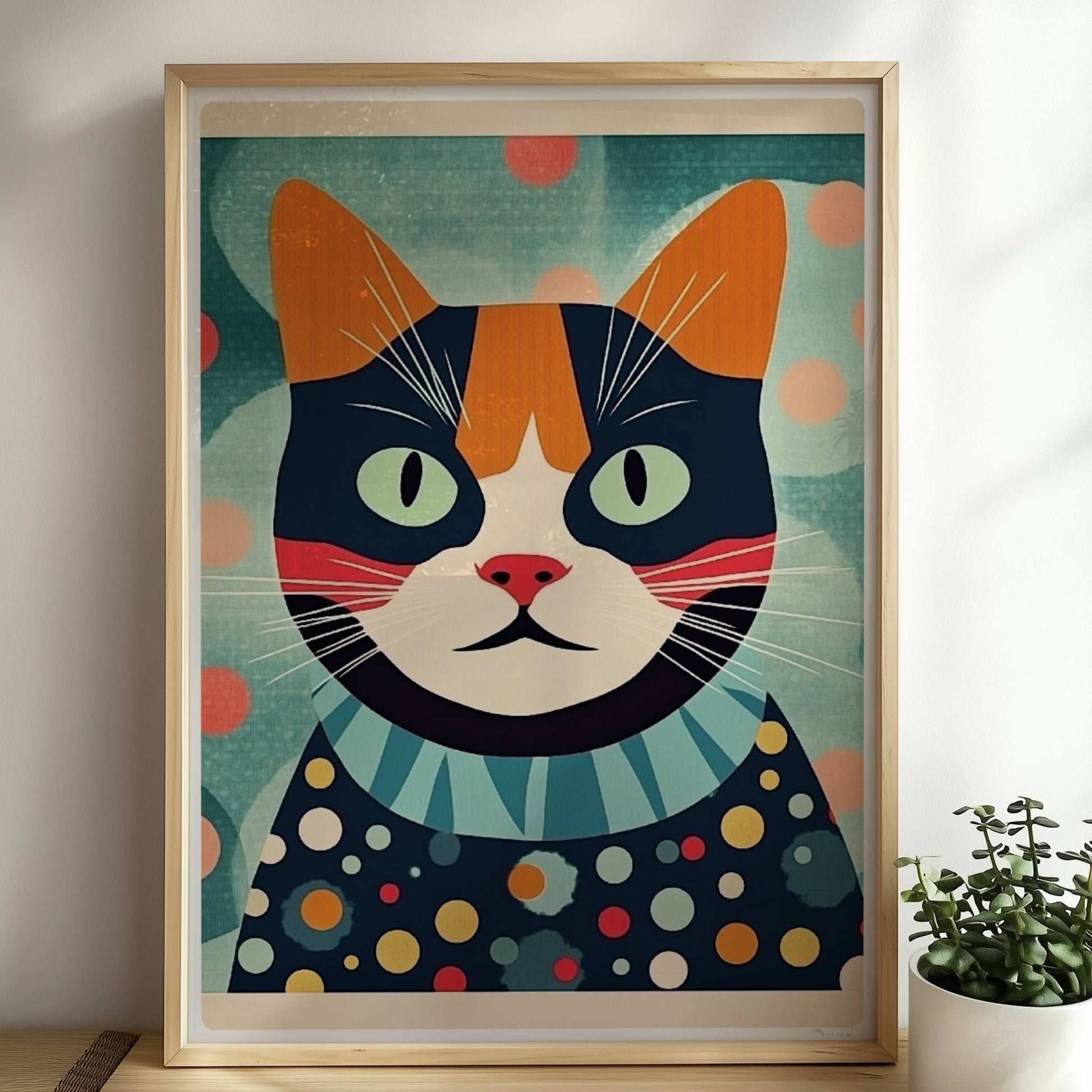 Bunte Katze mit aufmerksamem Blick und lebendigem Farbmuster, farbenfrohe Illustration.. Rahmen natur 50x70