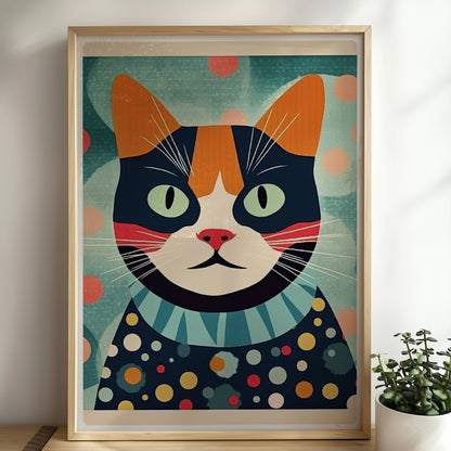 Bunte Katze mit aufmerksamem Blick und lebendigem Farbmuster, farbenfrohe Illustration.. Rahmen natur 50x70