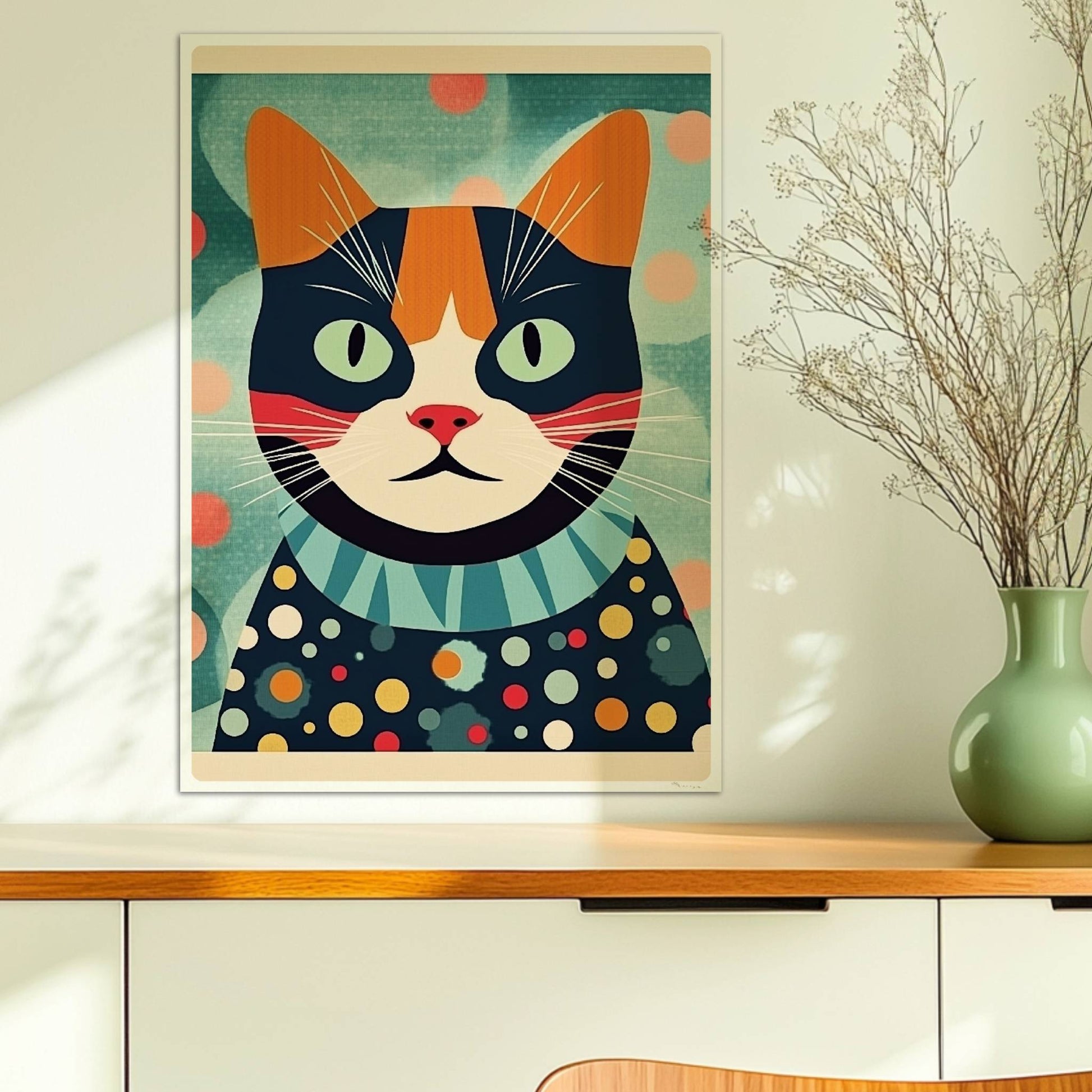 Bunte Katze mit aufmerksamem Blick und lebendigem Farbmuster, farbenfrohe Illustration.. Ohne Rahmen 50x70