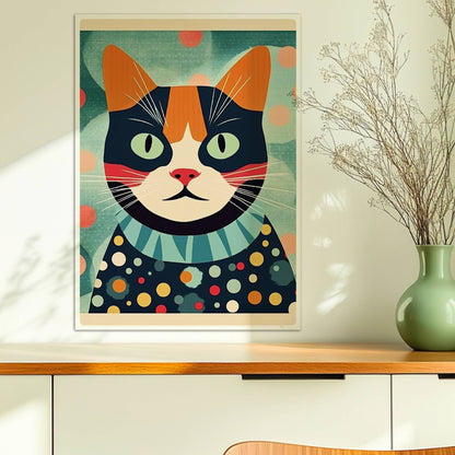 Bunte Katze mit aufmerksamem Blick und lebendigem Farbmuster, farbenfrohe Illustration.. Ohne Rahmen 50x70