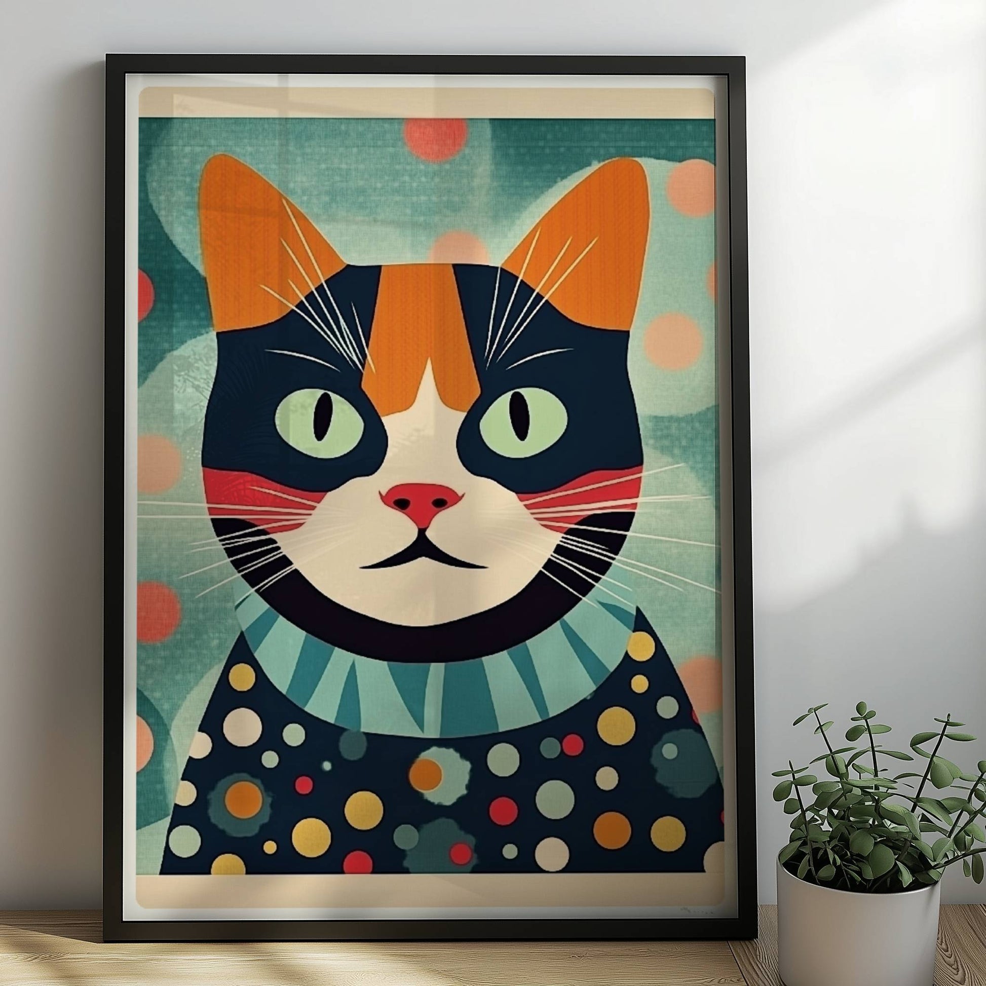 Bunte Katze mit aufmerksamem Blick und lebendigem Farbmuster, farbenfrohe Illustration.. Rahmen schwarz 50x70