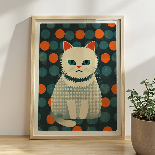 Weiße Katze mit geometrischem Kleid, stilvolle bunte Katzenillustration mit klaren Formen.. Rahmen natur 30x40