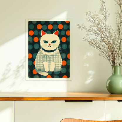 Weiße Katze mit geometrischem Kleid, stilvolle bunte Katzenillustration mit klaren Formen.. Ohne Rahmen 30x40