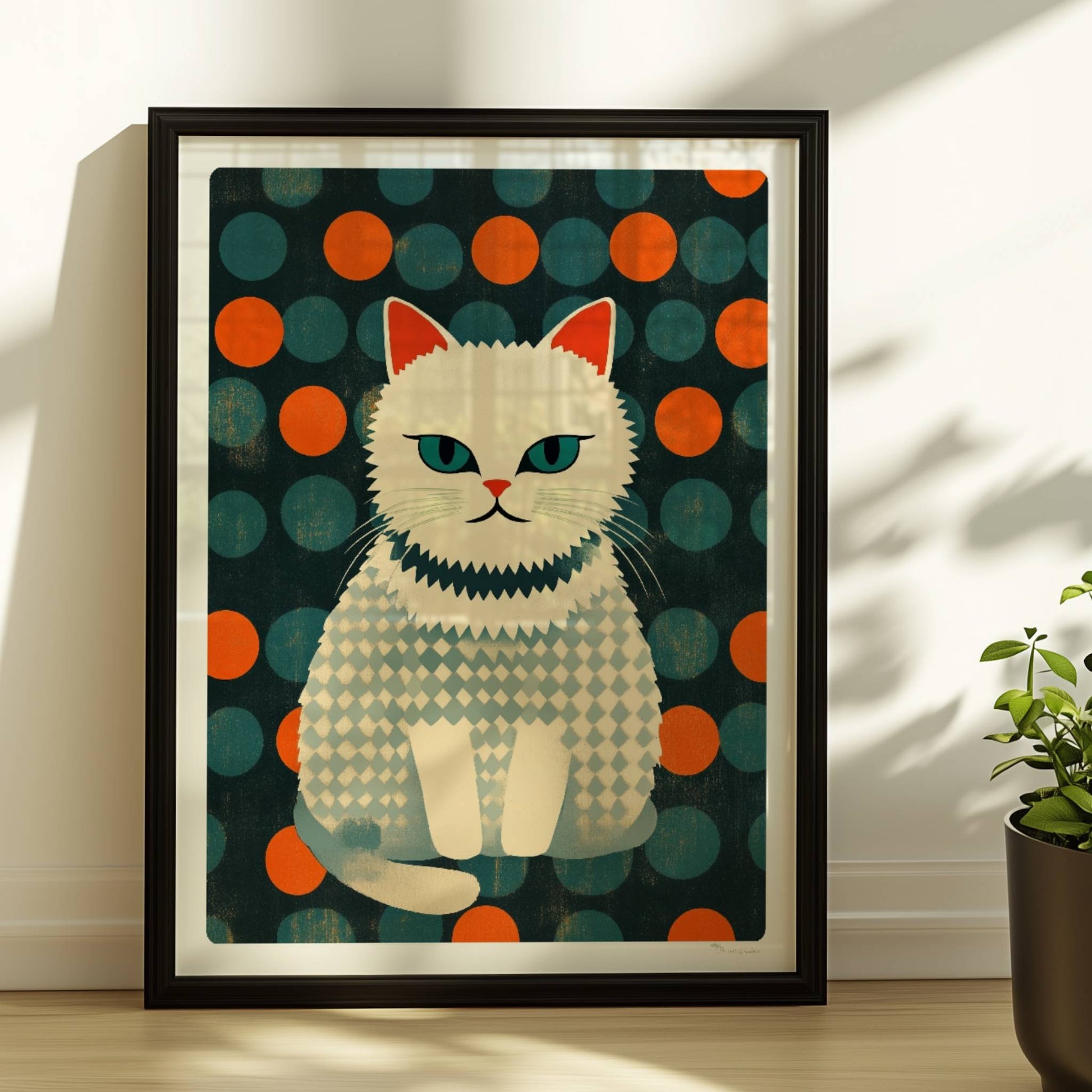 Weiße Katze mit geometrischem Kleid, stilvolle bunte Katzenillustration mit klaren Formen.. Rahmen schwarz 30x40