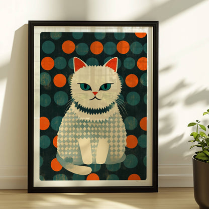 Weiße Katze mit geometrischem Kleid, stilvolle bunte Katzenillustration mit klaren Formen.. Rahmen schwarz 30x40