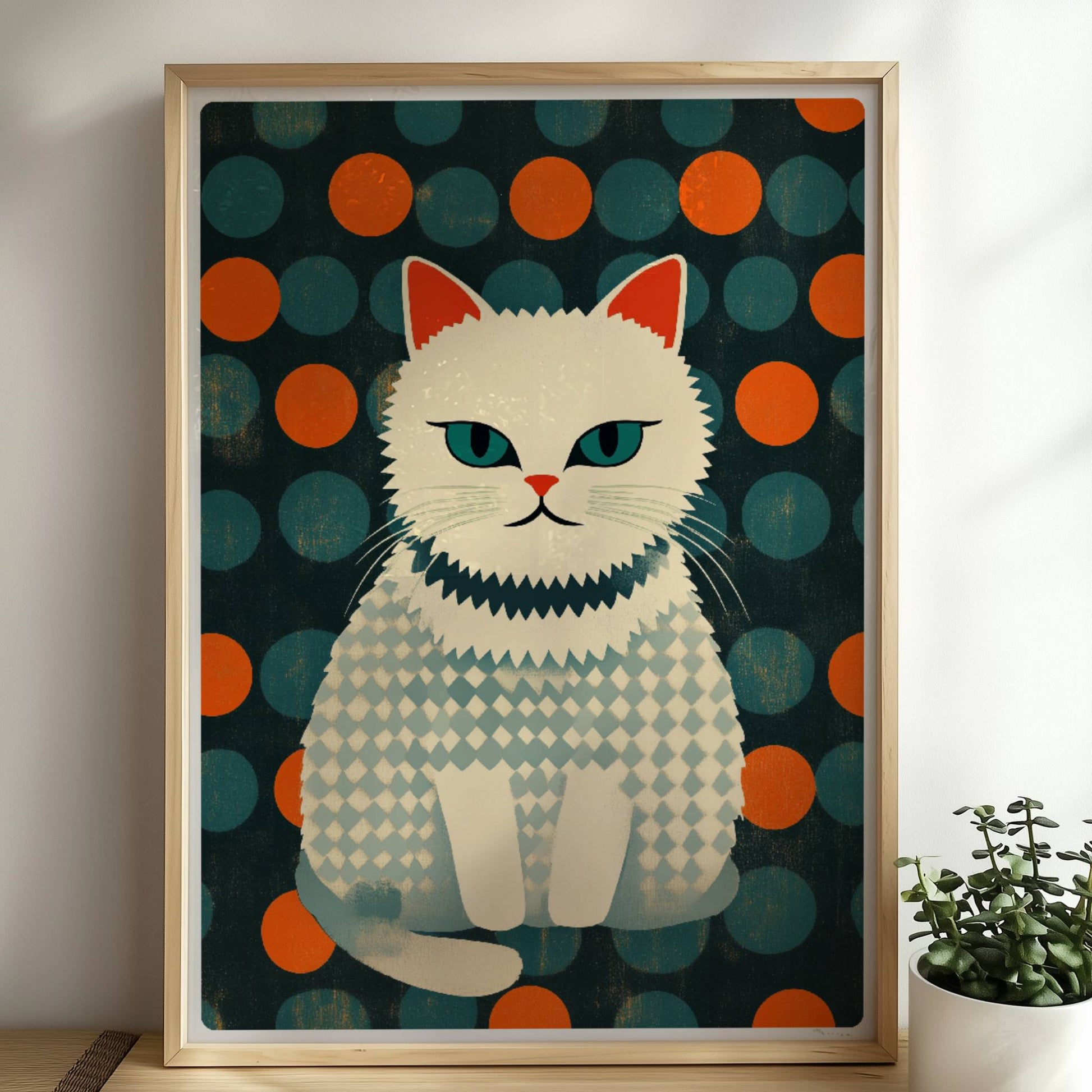 Weiße Katze mit geometrischem Kleid, stilvolle bunte Katzenillustration mit klaren Formen.. Rahmen natur 50x70