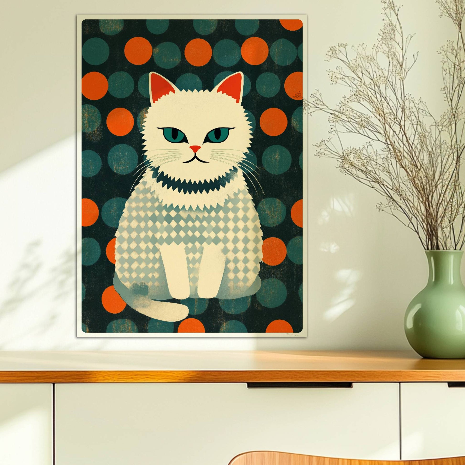 Weiße Katze mit geometrischem Kleid, stilvolle bunte Katzenillustration mit klaren Formen.. Ohne Rahmen 50x70