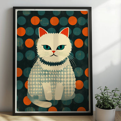 Weiße Katze mit geometrischem Kleid, stilvolle bunte Katzenillustration mit klaren Formen.. Rahmen schwarz 50x70