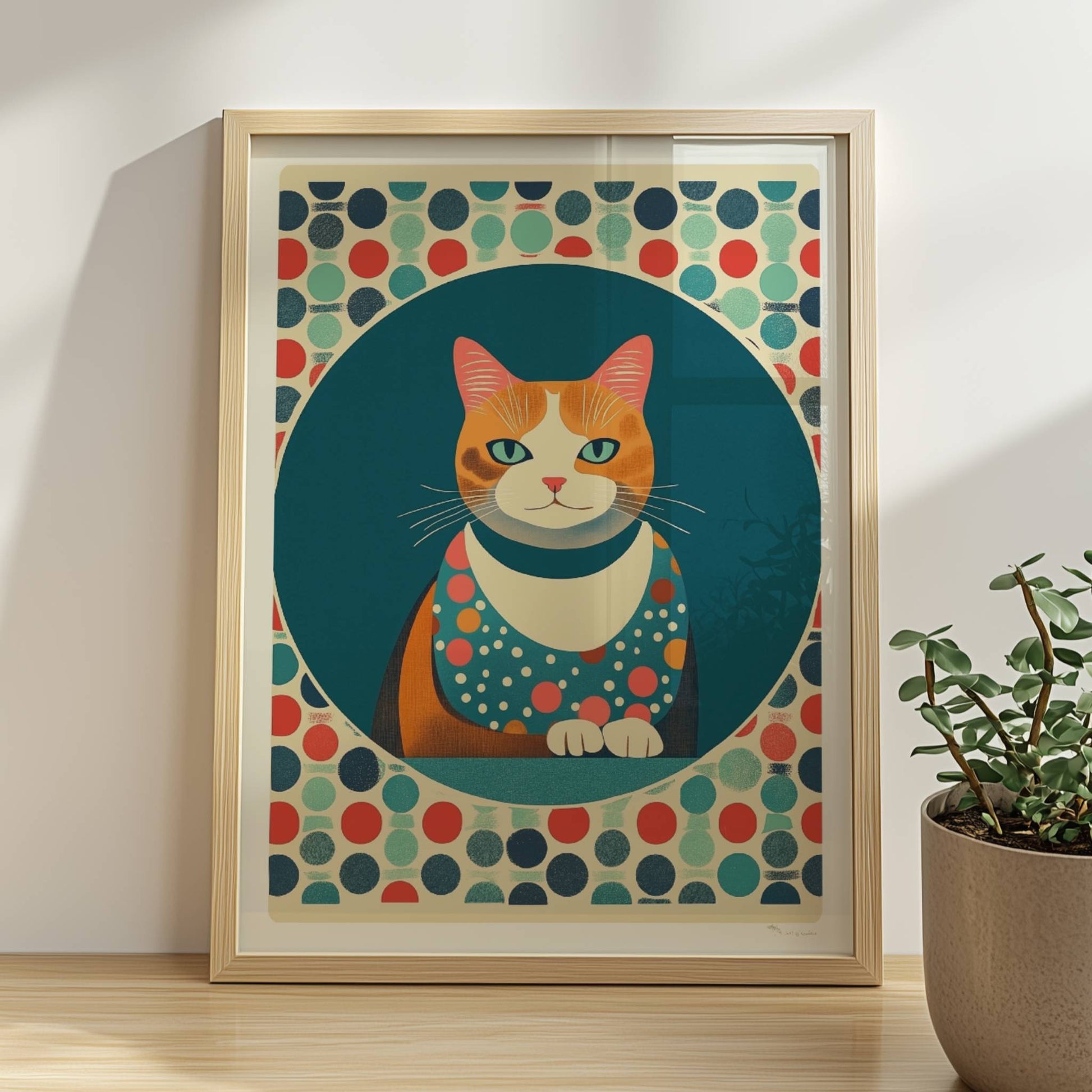 Portrait einer roten Katze mit lebendigem Ausdruck – farbenfrohe Katzendeko.. Rahmen natur 30x40