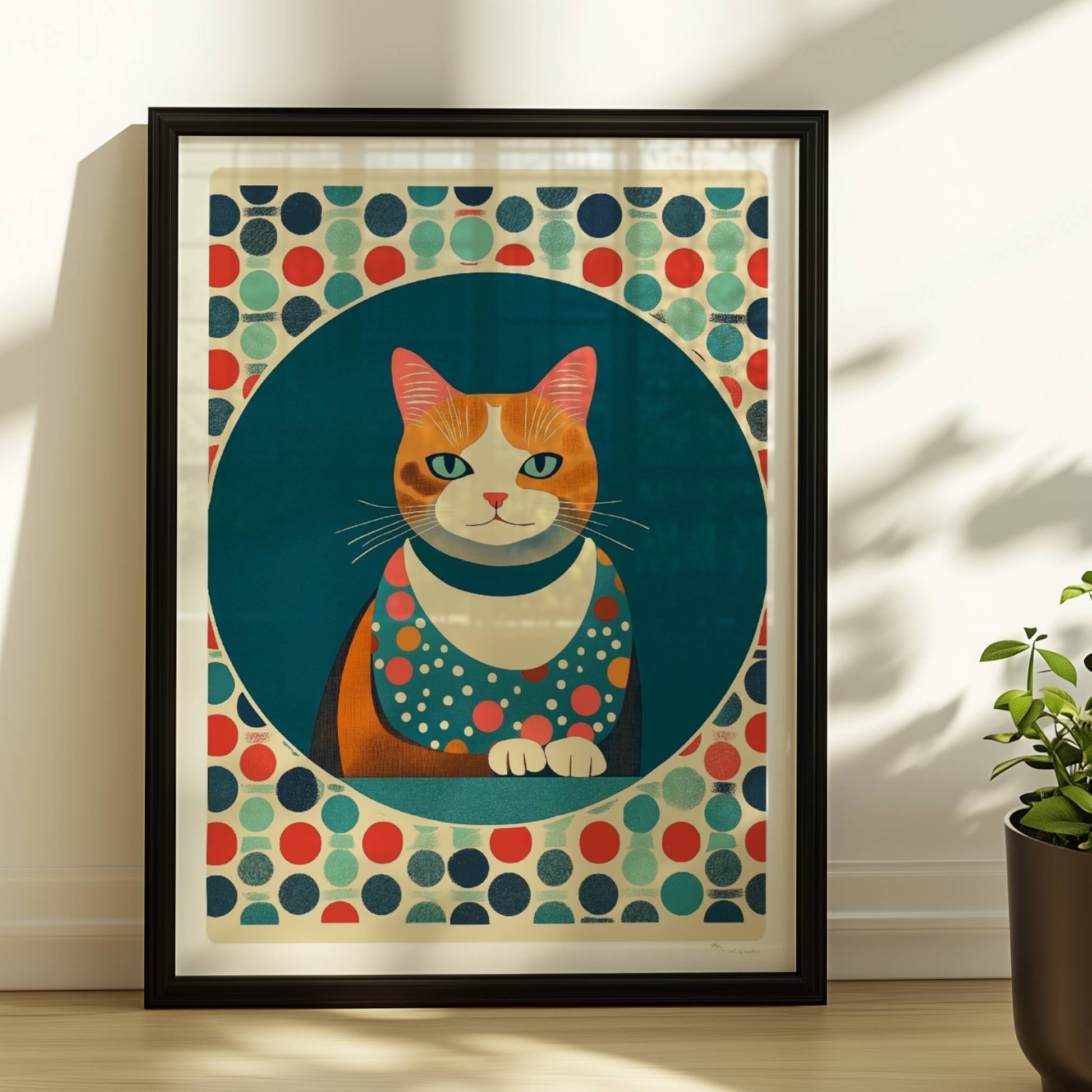 Portrait einer roten Katze mit lebendigem Ausdruck – farbenfrohe Katzendeko.. Rahmen schwarz 30x40