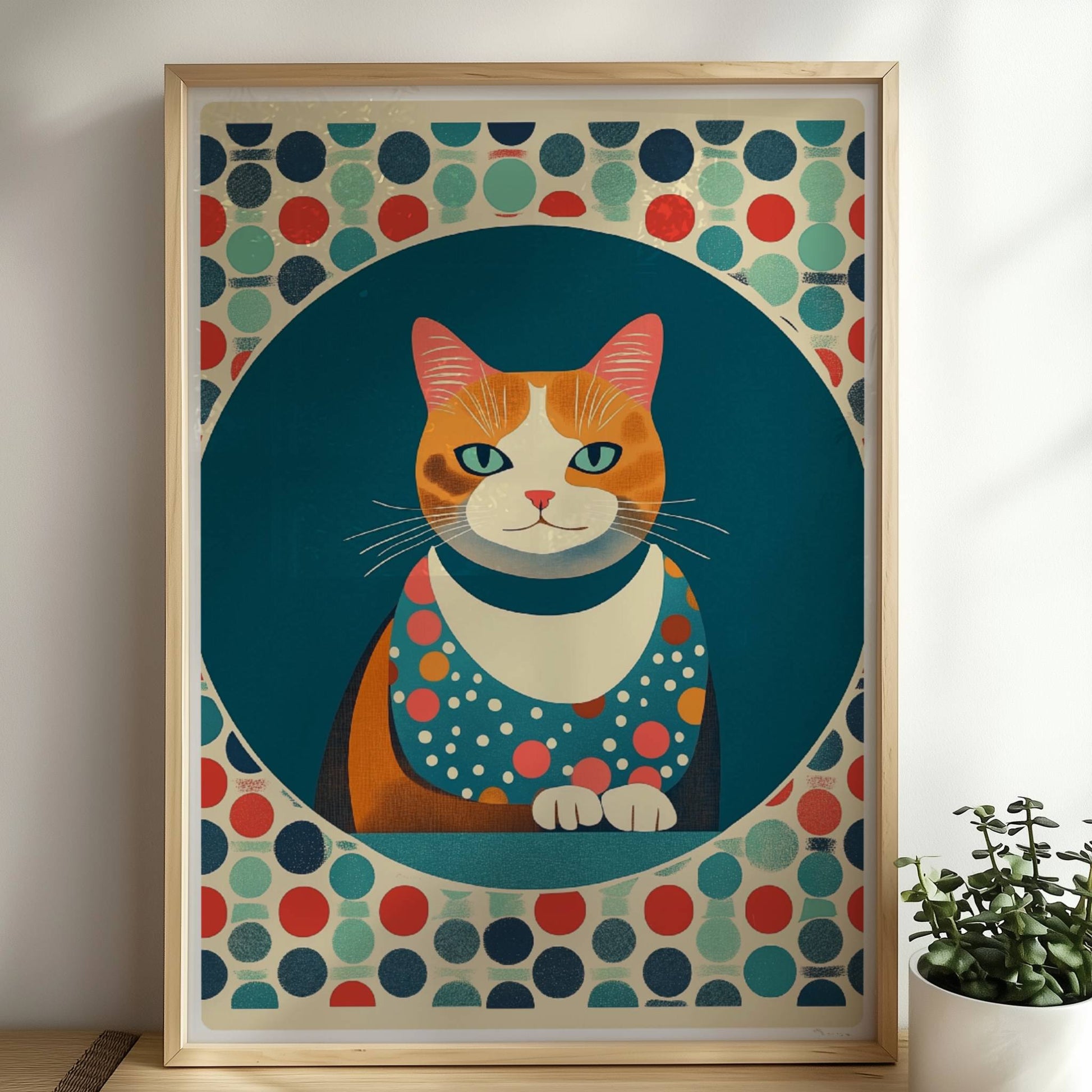 Portrait einer roten Katze mit lebendigem Ausdruck – farbenfrohe Katzendeko.. Rahmen natur 50x70
