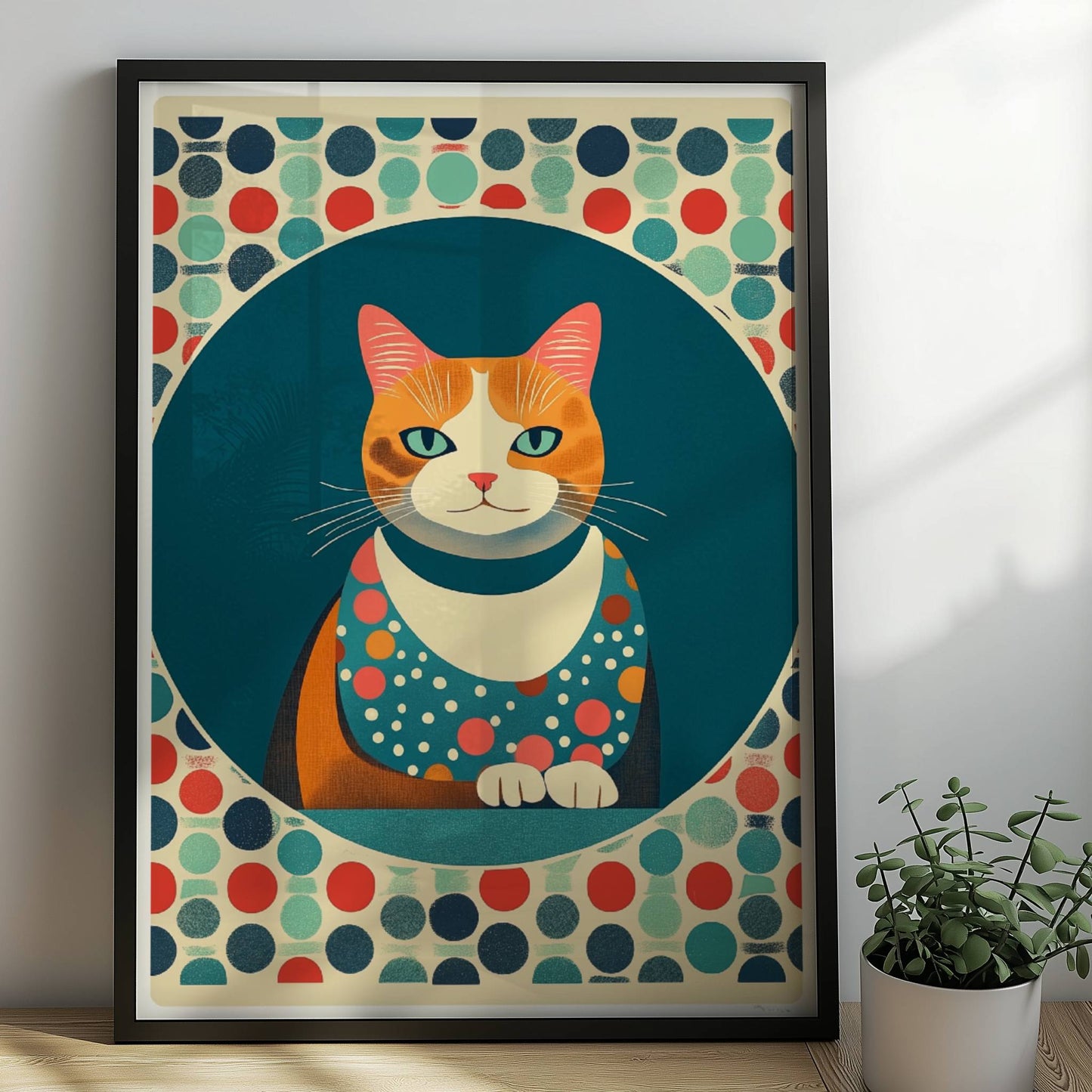 Portrait einer roten Katze mit lebendigem Ausdruck – farbenfrohe Katzendeko.. Rahmen schwarz 50x70
