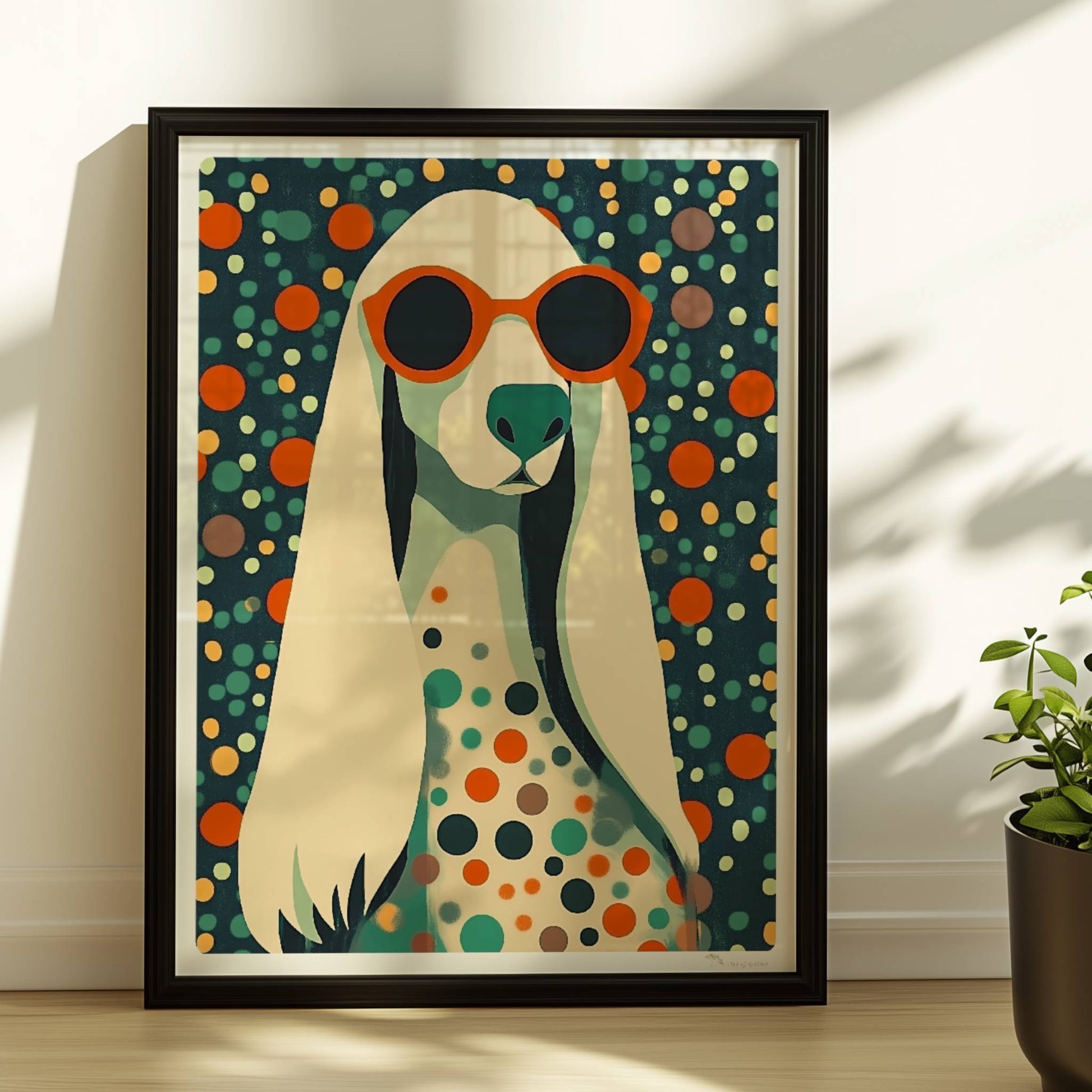 Langhaariger Hund mit Sonnenbrille und buntem Punktmuster, stilvolle Hundeillustration.. Rahmen schwarz 30x40