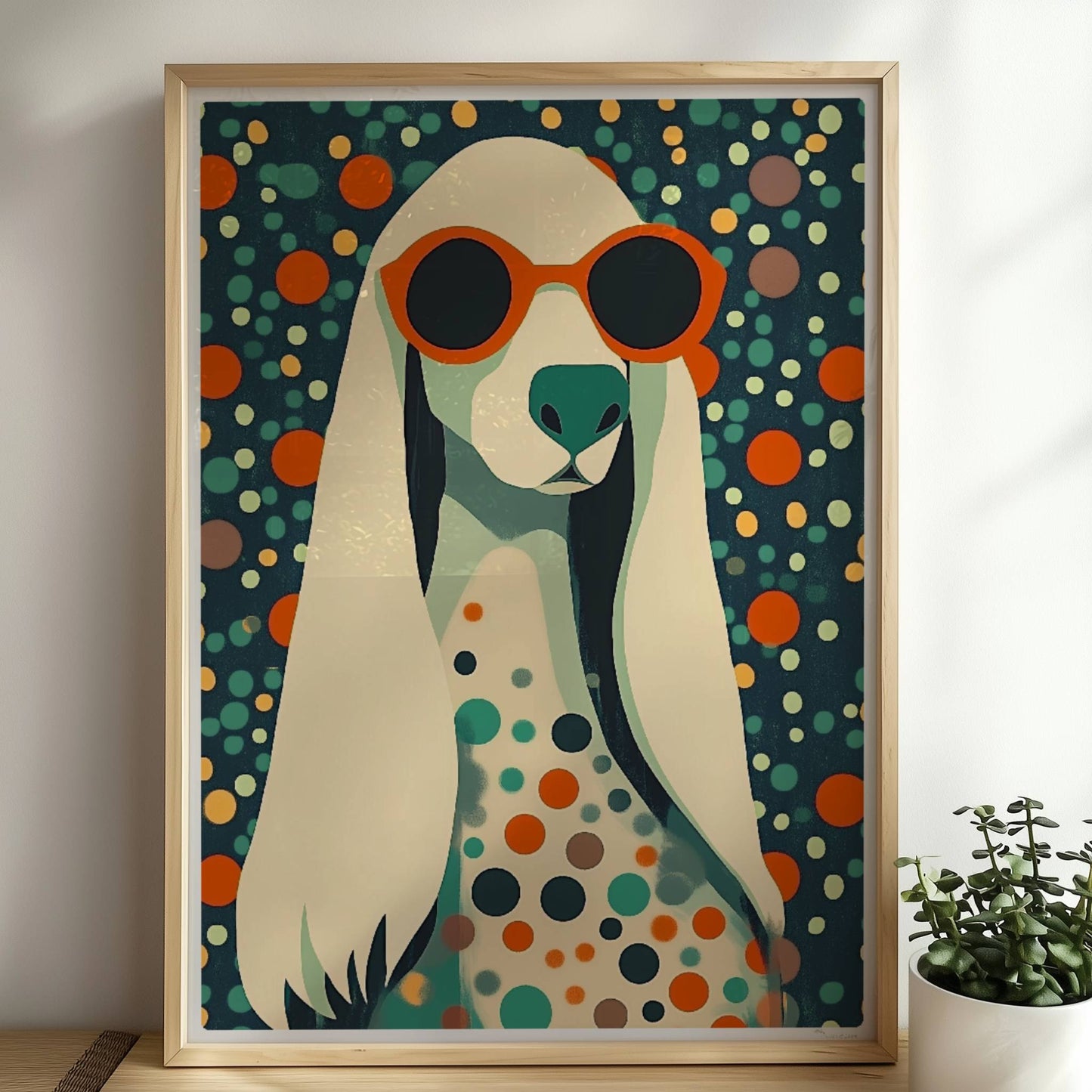 Langhaariger Hund mit Sonnenbrille und buntem Punktmuster, stilvolle Hundeillustration.. Rahmen natur 50x70