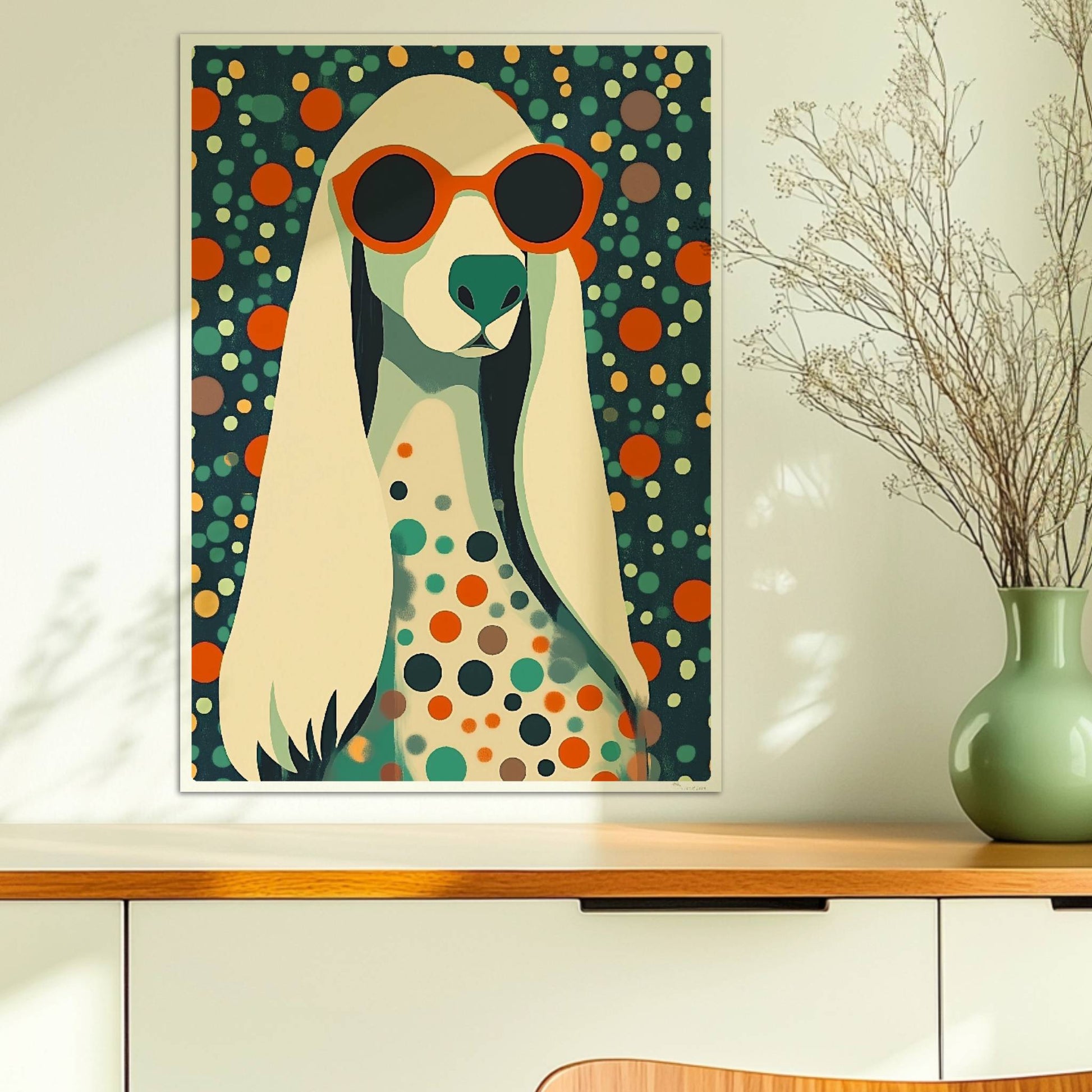 Langhaariger Hund mit Sonnenbrille und buntem Punktmuster, stilvolle Hundeillustration.. Ohne Rahmen 50x70