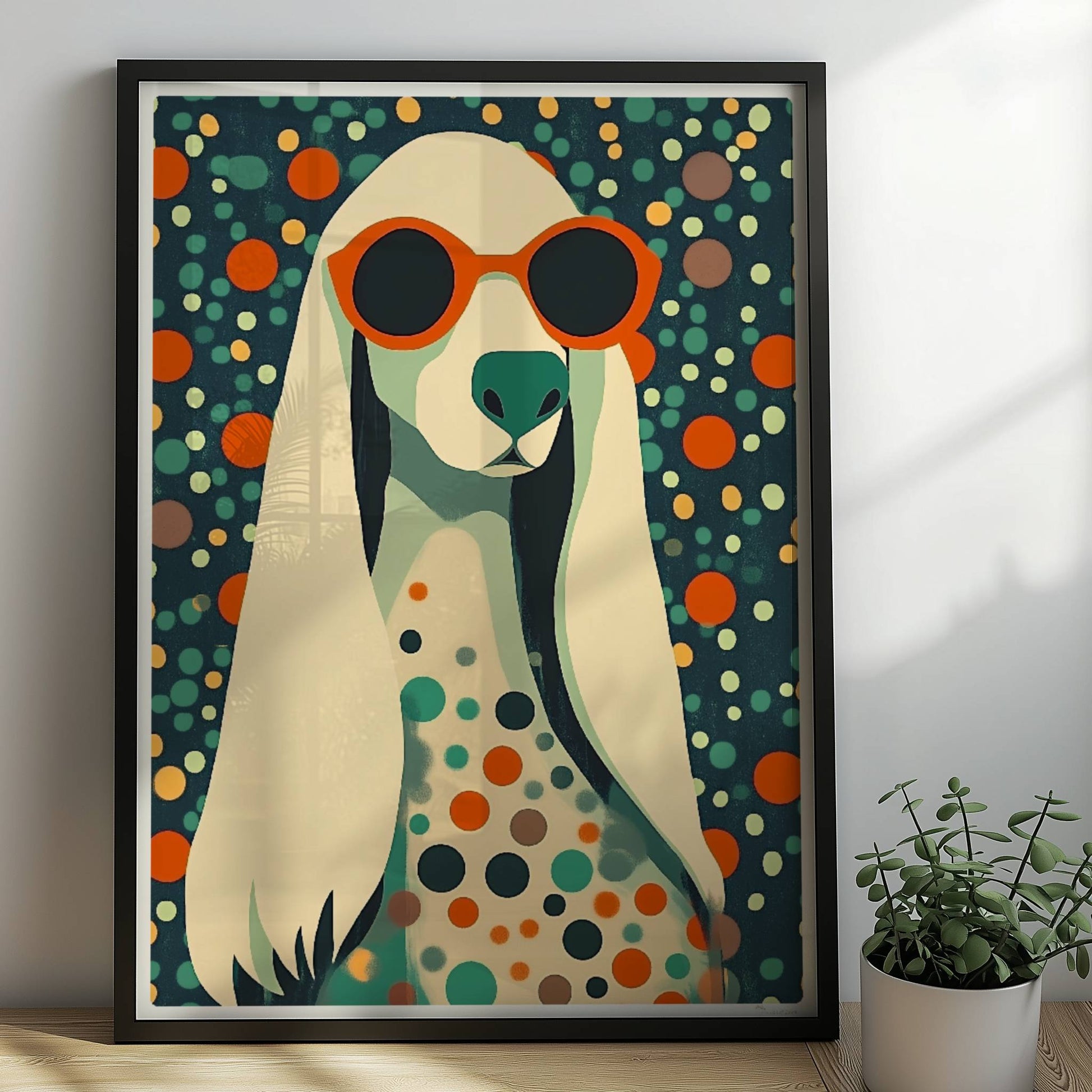 Langhaariger Hund mit Sonnenbrille und buntem Punktmuster, stilvolle Hundeillustration.. Rahmen schwarz 50x70