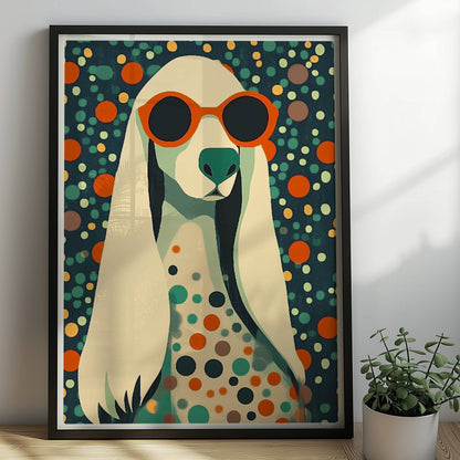 Langhaariger Hund mit Sonnenbrille und buntem Punktmuster, stilvolle Hundeillustration.. Rahmen schwarz 50x70