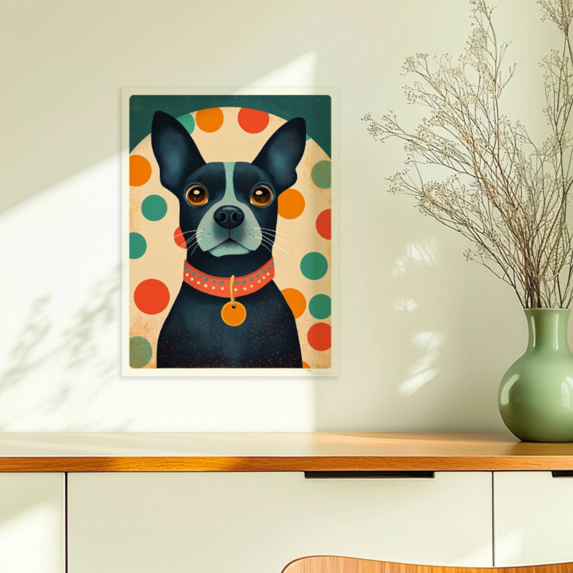 Schwarzer Hund mit rotem Halsband und buntem Punktmuster im Hintergrund, charmanter Hundeprint.. Ohne Rahmen 30x40