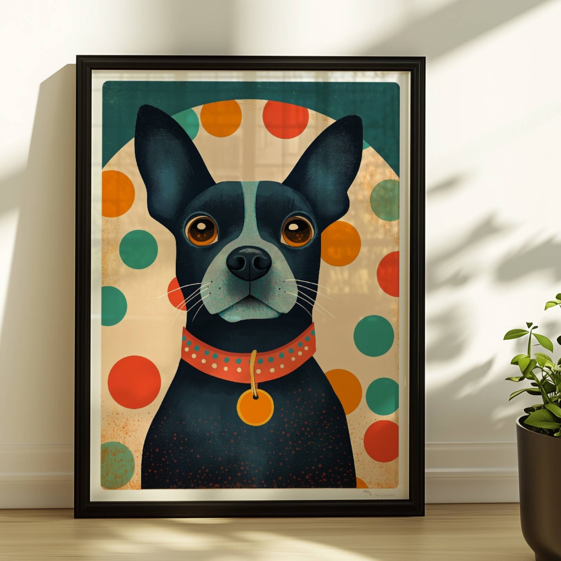 Schwarzer Hund mit rotem Halsband und buntem Punktmuster im Hintergrund, charmanter Hundeprint.. Rahmen schwarz 30x40