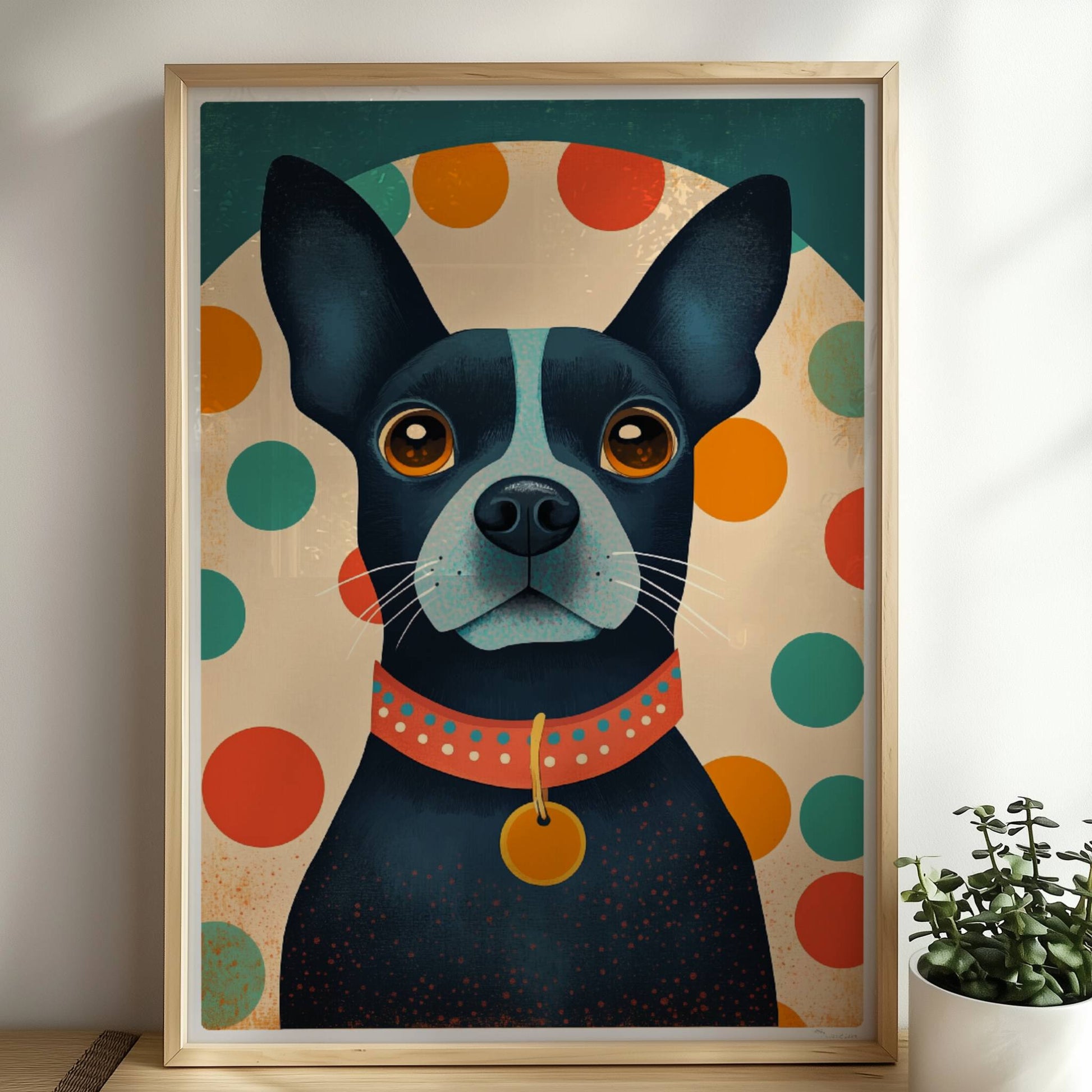 Schwarzer Hund mit rotem Halsband und buntem Punktmuster im Hintergrund, charmanter Hundeprint.. Rahmen natur 50x70
