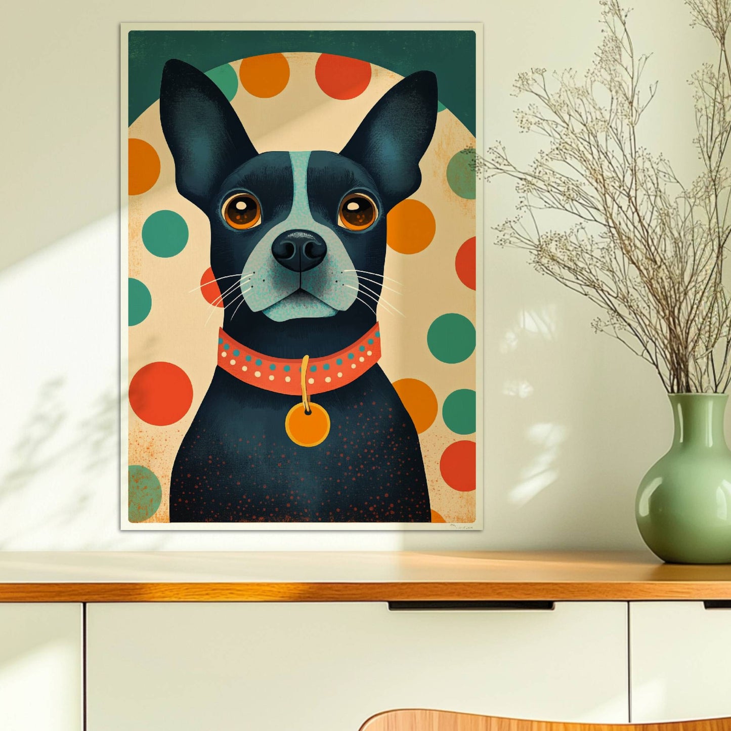 Schwarzer Hund mit rotem Halsband und buntem Punktmuster im Hintergrund, charmanter Hundeprint.. Ohne Rahmen 50x70