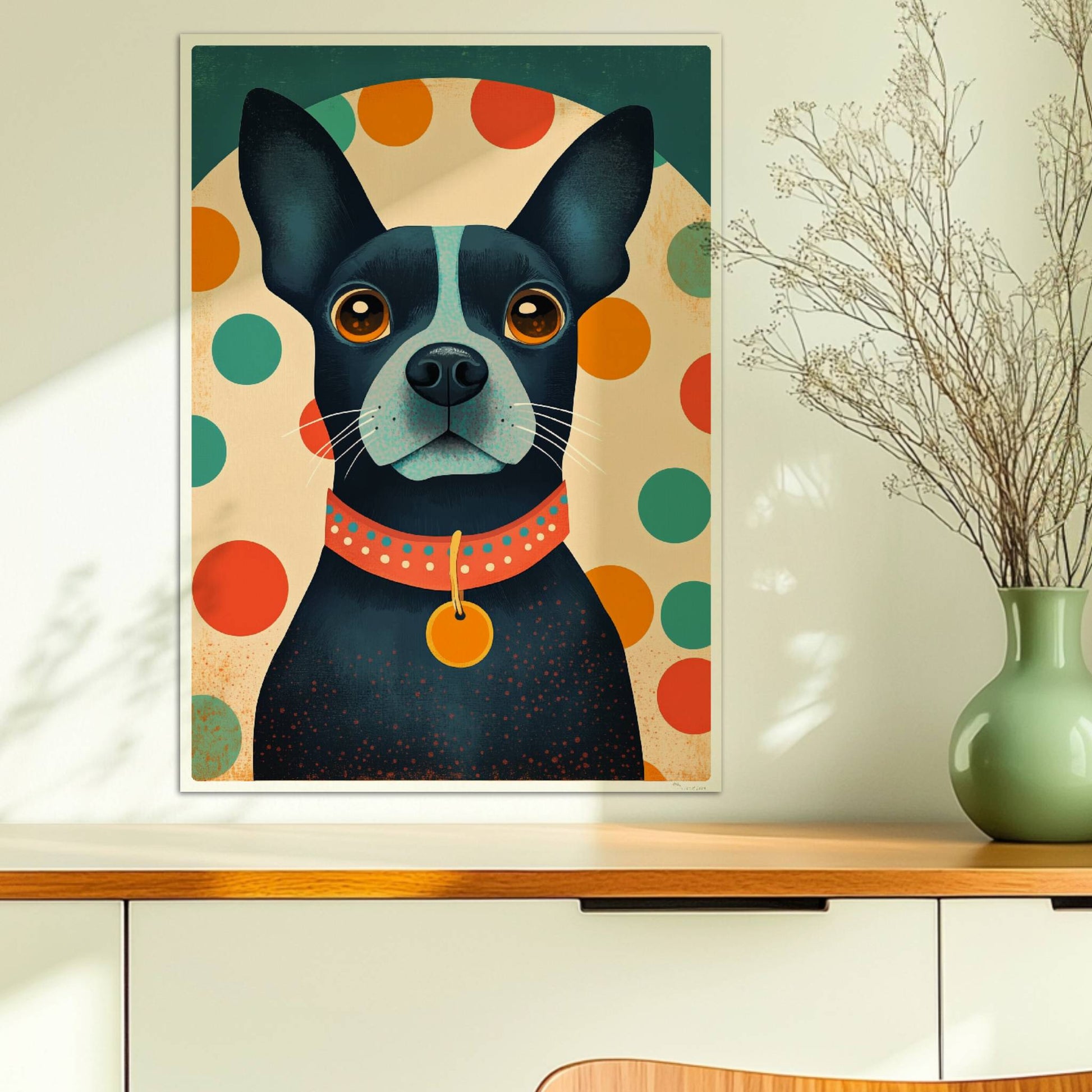Schwarzer Hund mit rotem Halsband und buntem Punktmuster im Hintergrund, charmanter Hundeprint.. Ohne Rahmen 50x70