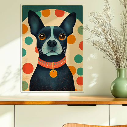 Schwarzer Hund mit rotem Halsband und buntem Punktmuster im Hintergrund, charmanter Hundeprint.. Ohne Rahmen 50x70